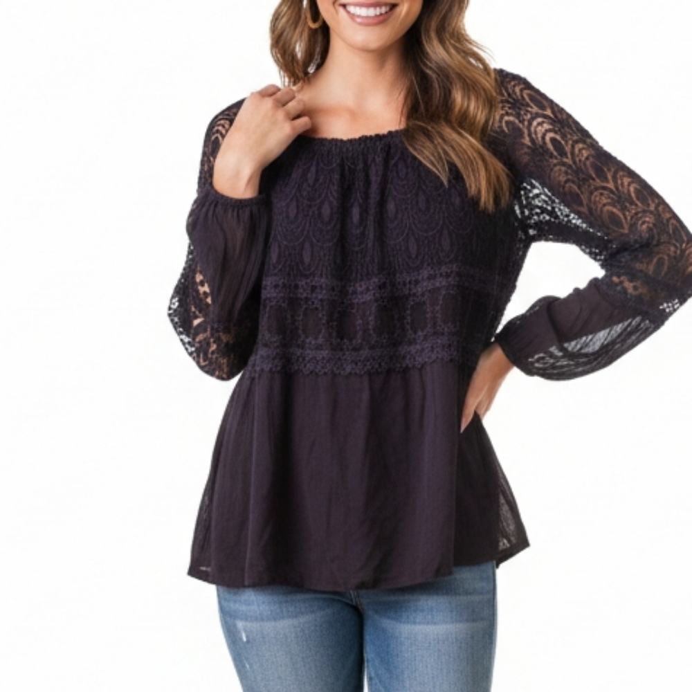 [Elena Baldi] Italian Silk & Lace Bohemian Scoop Neck Long Sleeve Top Womens Sm